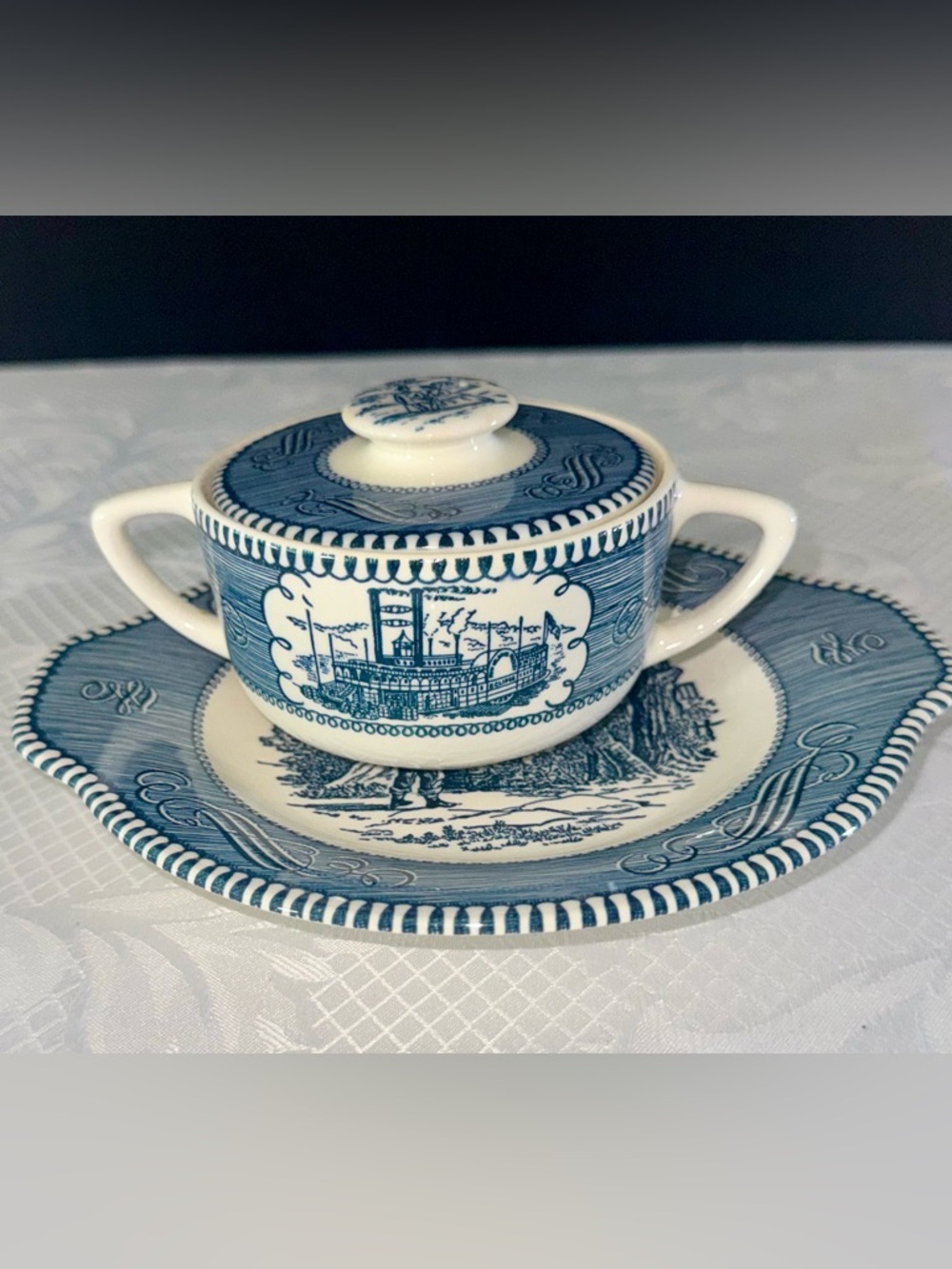 SOLD! -Currier & Ives Blue & White Sugar Bowl w/ Lid & Plate – Vintage - Picture 1 of 14